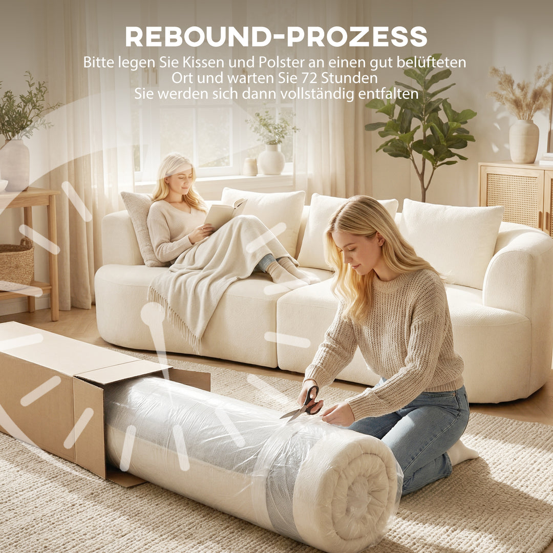 3-personers sofa, 260 cm chenillesofa med bredt sæde, polstring med fjederkerne, højdensitetsskum, 3 cremefarvede hynder