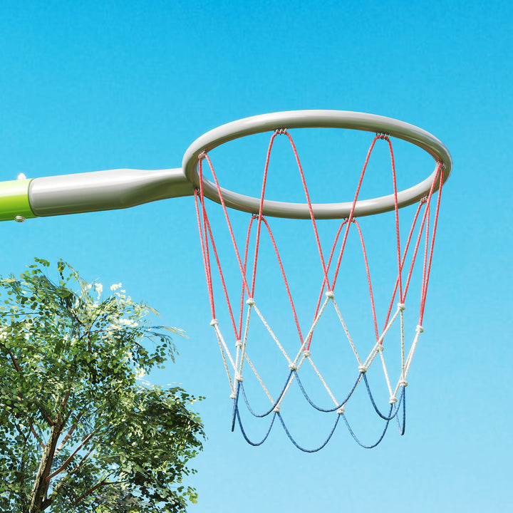 Gyngesæt til børn, 2 gyngesæder, 1 basketballkurv, 1 fodboldmål, metalramme, grøn