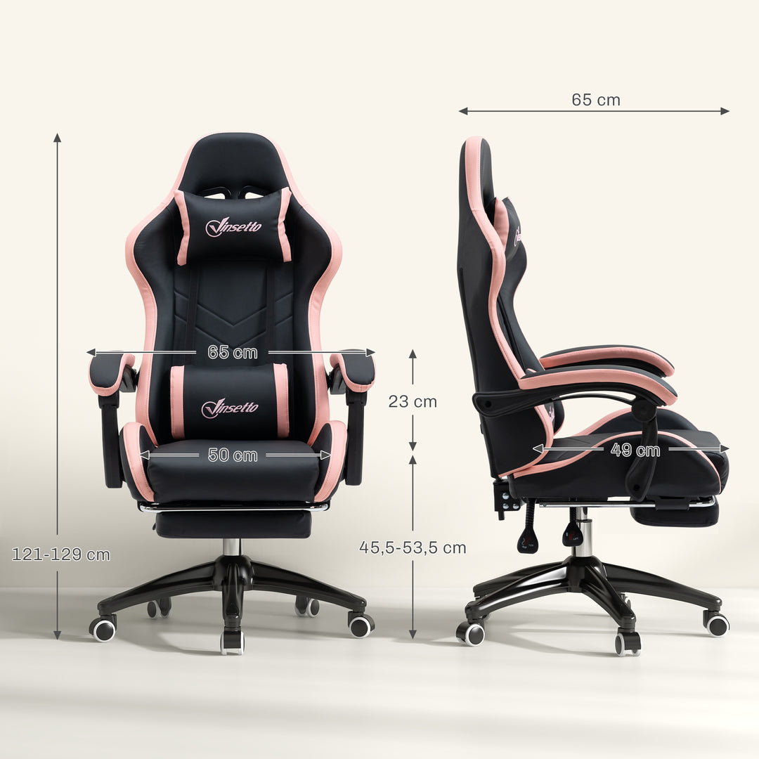 Kontorstol, gamingstol, 1 nakkestøtte, 1 lændestøtte, pink + sort
