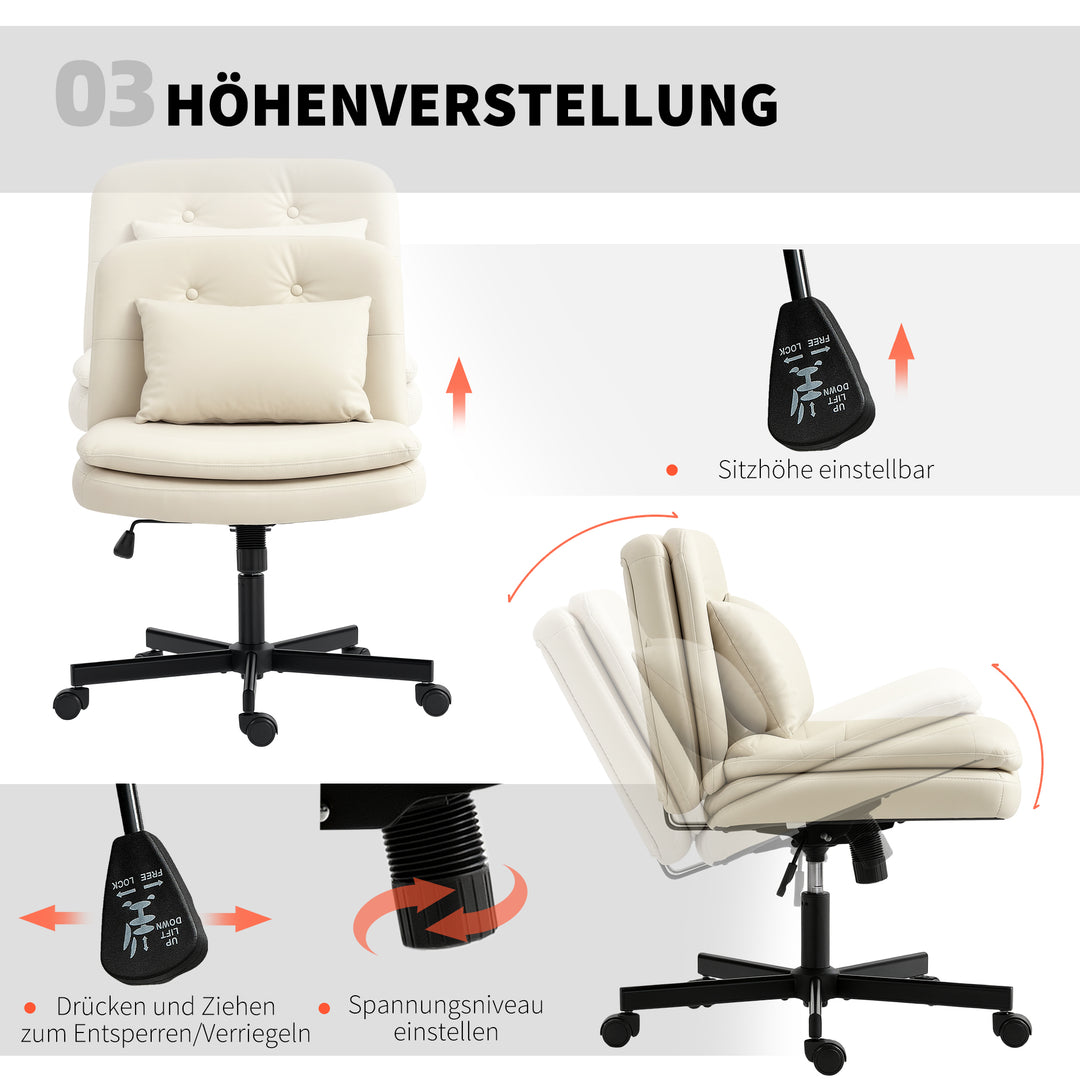 Kontorstol med betræk i kunstlæder, kontorstol med hjul, ekstra hynde, højdejusterbar, sammenrullbar, beige