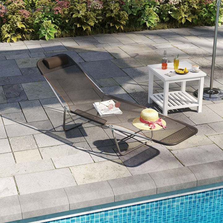 Sammenklappelig liggestol, havestol med nakkestøtte, justerbar 5-positions liggestol, campingstol, lasteevne op til 120 kg, egnet til have, balkon og pool, 4 farver (brun)