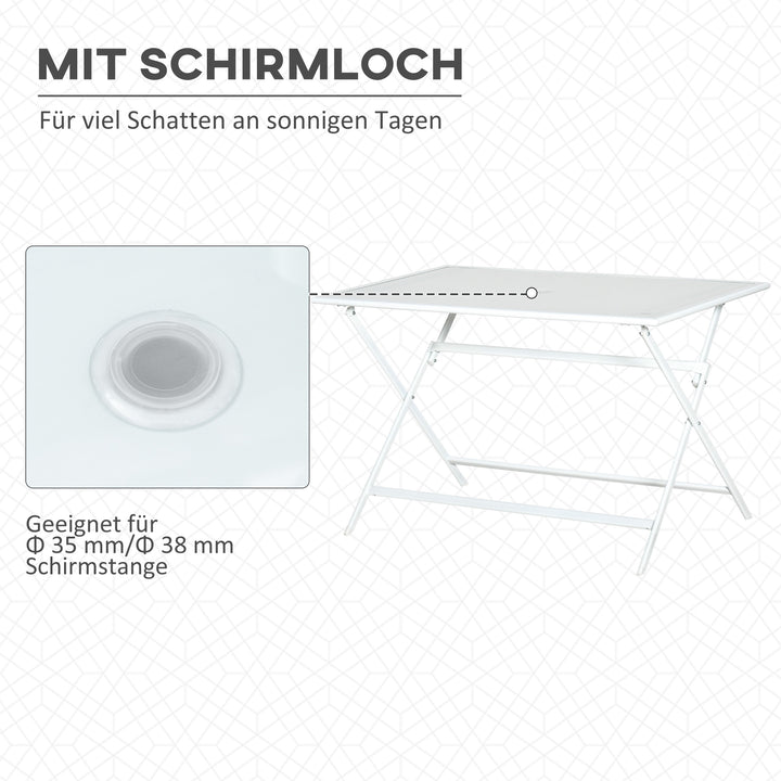 Klapbord havebord med 42 mm 50 mm paraplyhul klapbord foldbart sidebord balkonbord picnicbord spisebord metal hærdet glas hvid 110 x 70 x 70 cm