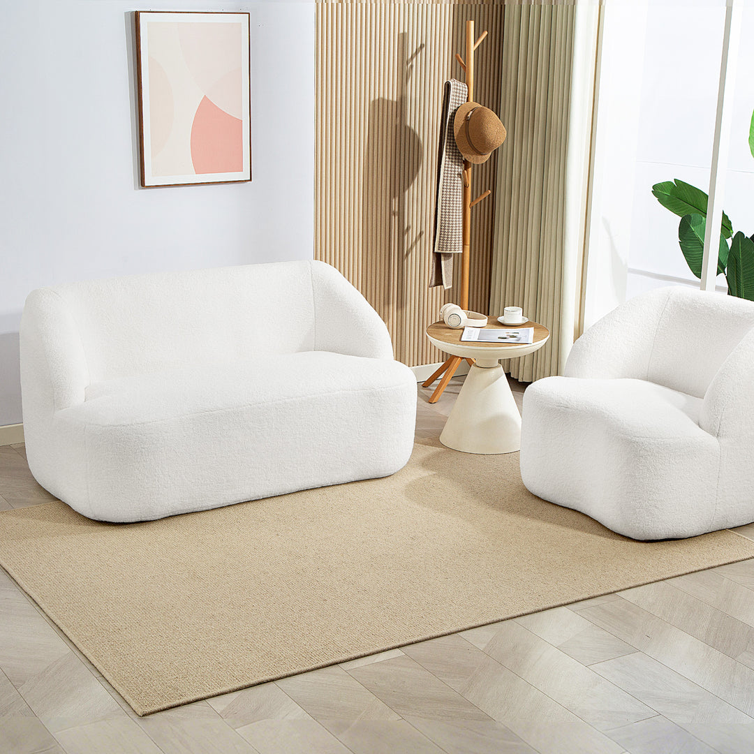 2-personers sofa, buet design, polstret sofa med fleecebetræk, til stue, soveværelse, hjemmekontor, cremehvid