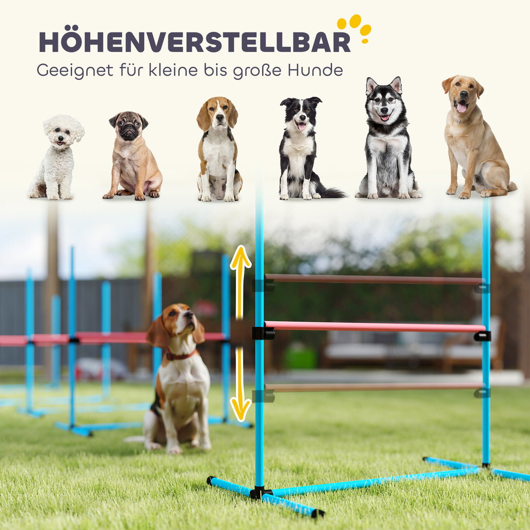 Agilitysæt til hunde, 4-delt, højdejusterbart agilityudstyr med 4 forhindringer, bæretaske, 99 x 65 x 94 cm, lyseblå
