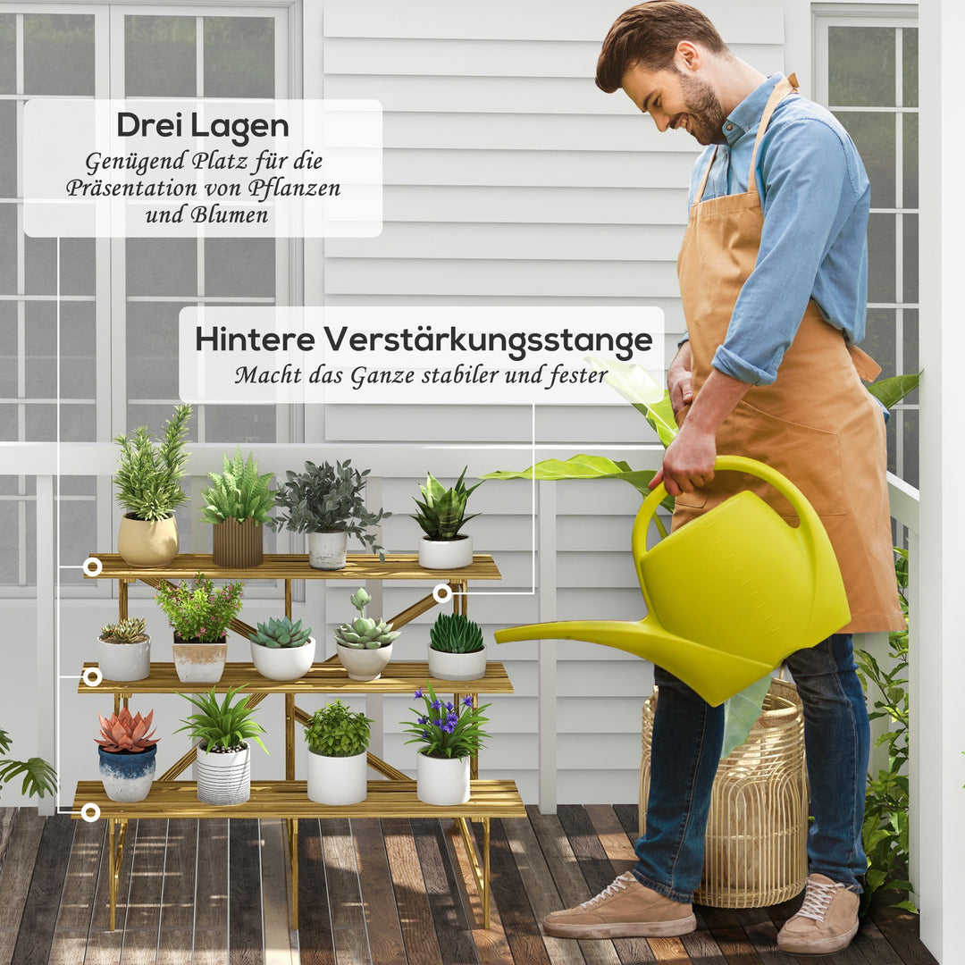 Plantestige, blomsterstige, blomsterhylde, plantehylde, blomsterstativ, 3 niveauer, fyrretræ, 120 x 80 x 78 cm