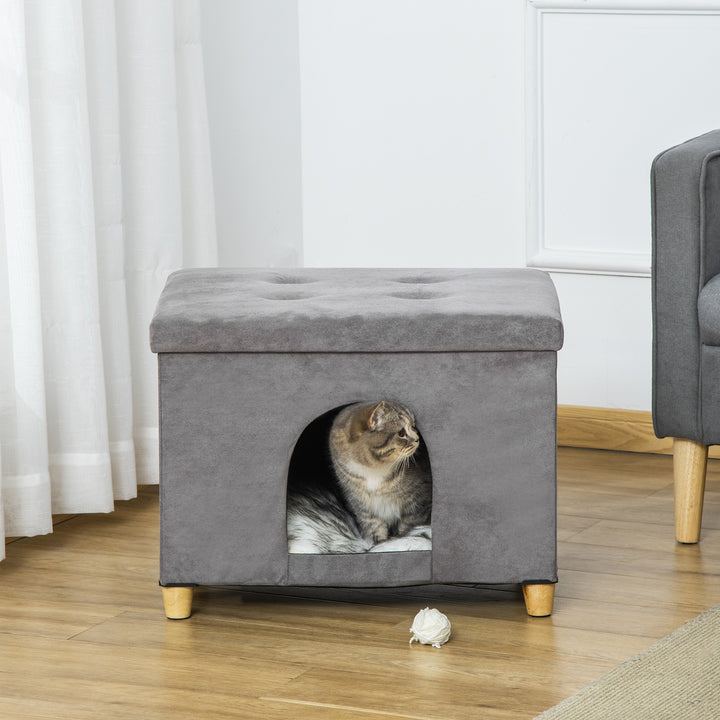 2-I-1 kattehule fodskammel med hynde træben kattehus kattekurv blød polstret fodskammel elegant design aftagelig mdf plys grå 60 x 45 x 44,5 cm