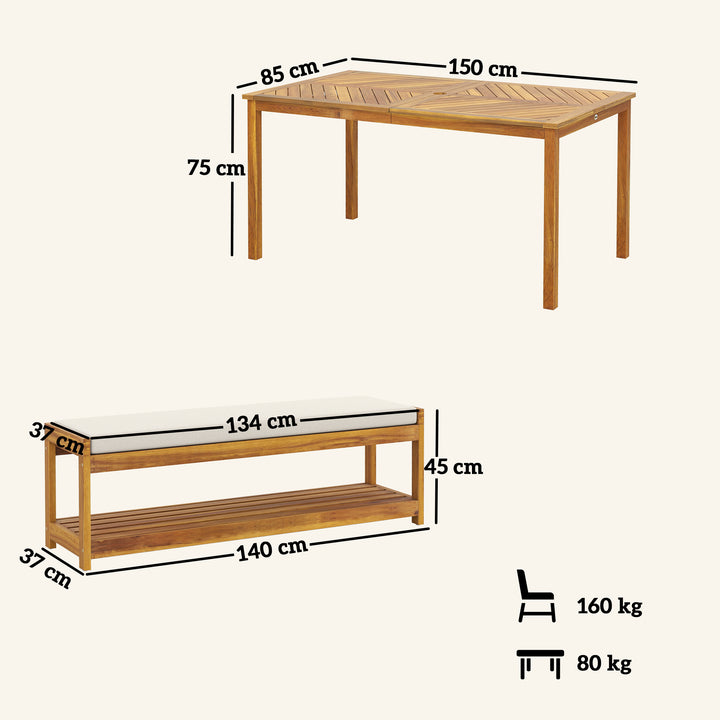 3-Delt havemøbelsæt, siddemøbelsæt inklusive 1 spisebord med parasolhul, 2 bænke 150 x 85 x 75 cm teaktræ