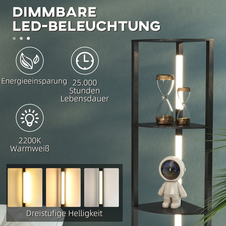 Led gulvlampe, hjørnehylde, dæmpbar, 4 hylder, varmt hvidt lys, 41 x 30 x 164 cm, sort