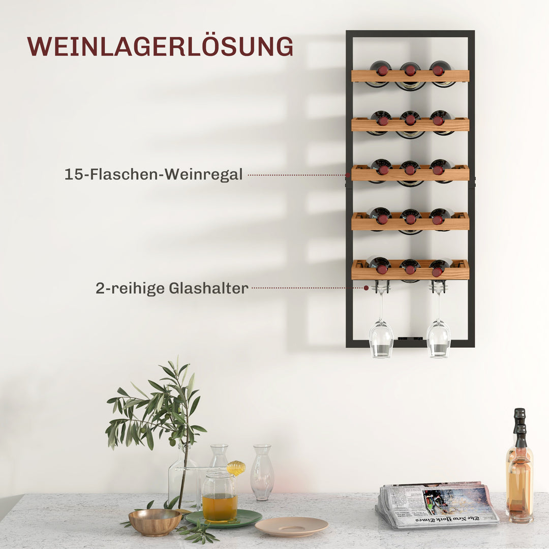Vægmonteret vinreol, 5 etager, flaskeholder, glasholder, fyrretræ, stål, hjemmebar, køkken, stue, brun
