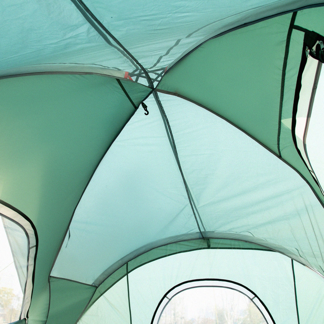 Campingtelt til 5-6 personer, familietelt, lampekroge, sidelommer, 4,55x2,3x1,8m, grøn/sort
