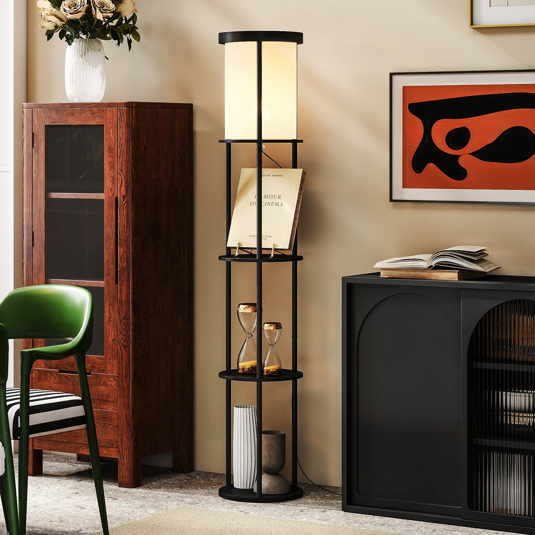 Gulvlampe med 3 hylder, rundt design, fjernbetjening, fodkontakt, justerbar lysvarme, til stue, sort