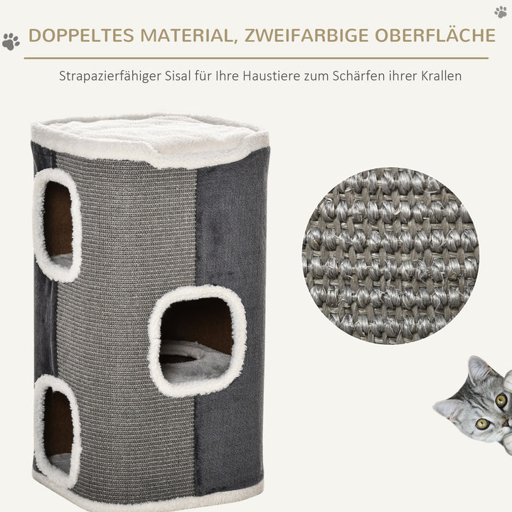 Kradsetræ til katte, kradsetræ til katte, 3 niveauer, klatretræ til katte, kattemøbler, spånplade, fløjlsagtig polyester, sisal, grå+hvid, 40 x 40 x 74 cm