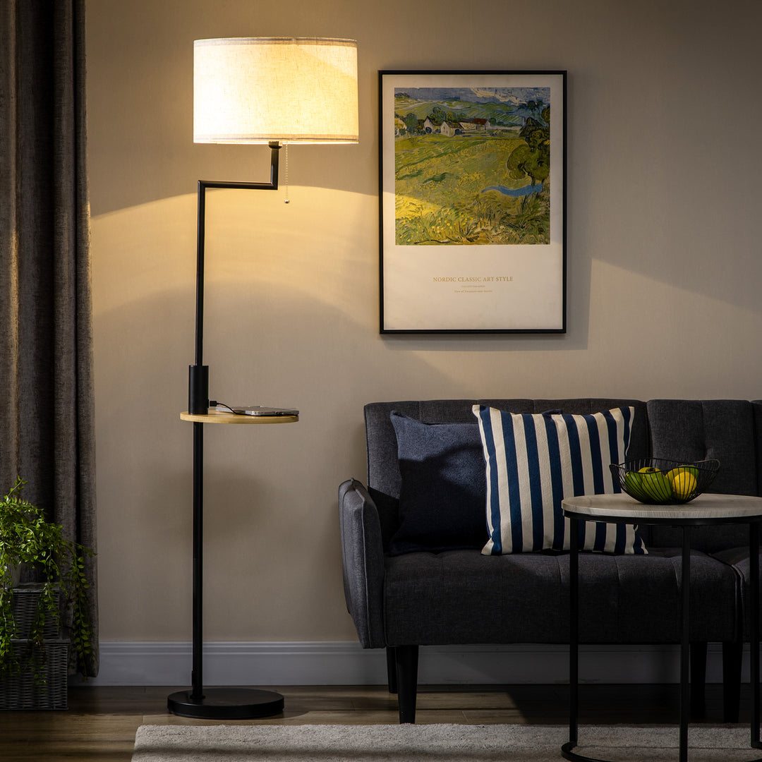 Gulvlampe med hylde, gulvlampe, kædetalje, e 27, 40 w, bambus, natur + sort