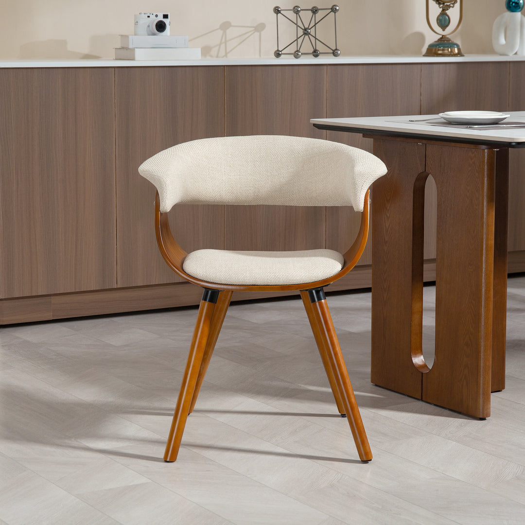 Spisestol, hørlook stof, buet ryglæn, træben, beige