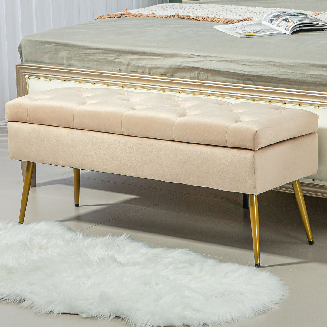 Fløjlsbænk med opbevaring, polstret fodskammel og tuftet design, metalstel, 102 x 35 x 43 cm, beige