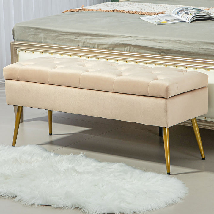 Fløjlsbænk med opbevaring, polstret fodskammel og tuftet design, metalstel, 102 x 35 x 43 cm, beige