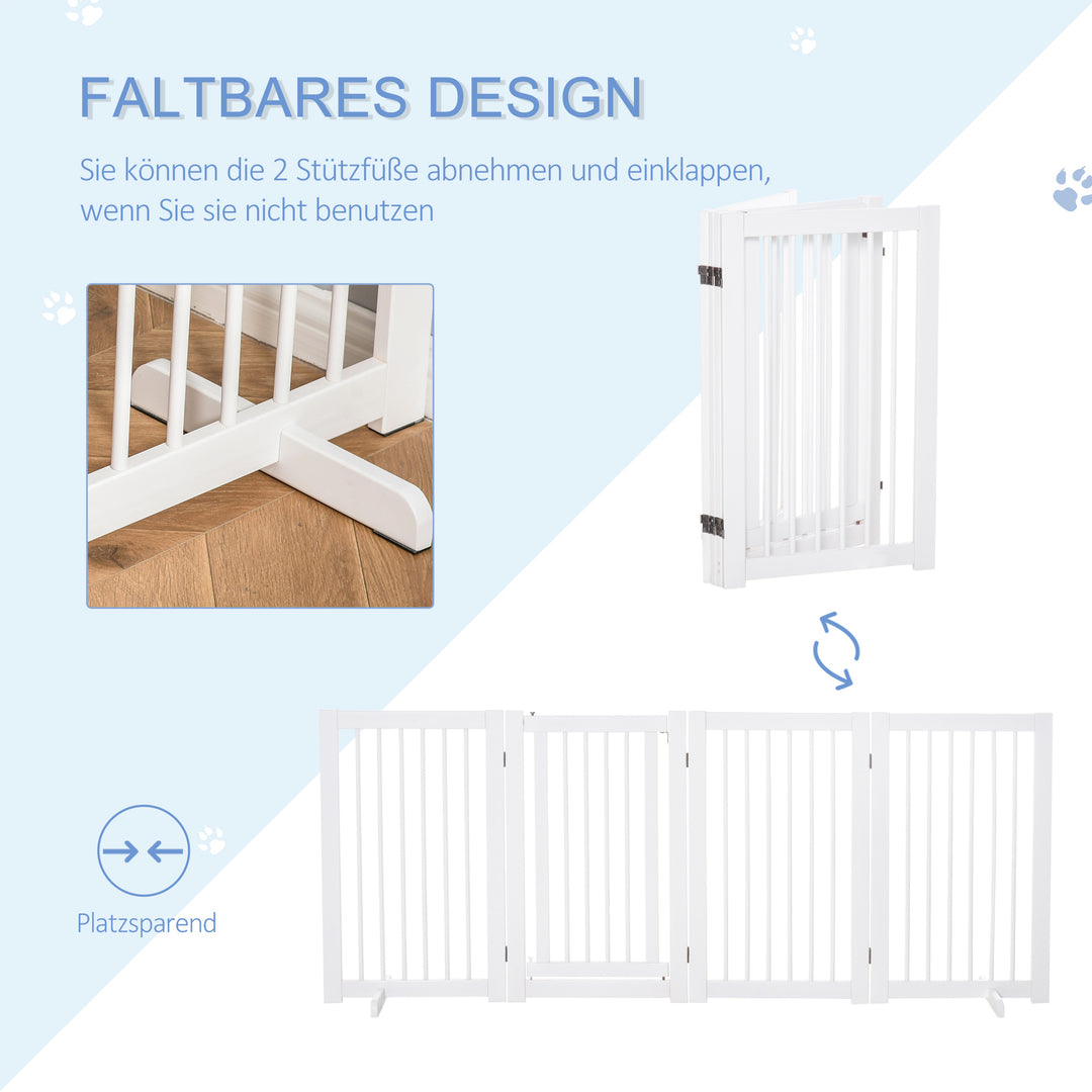 Hundesikkerhedsgitter, sæt med 4 dele, 220 x 91 cm, foldbart, med dør, fritstående hundegitter med 2 støttefødder, trætrappegitter til entré, køkken, trappe, hvid