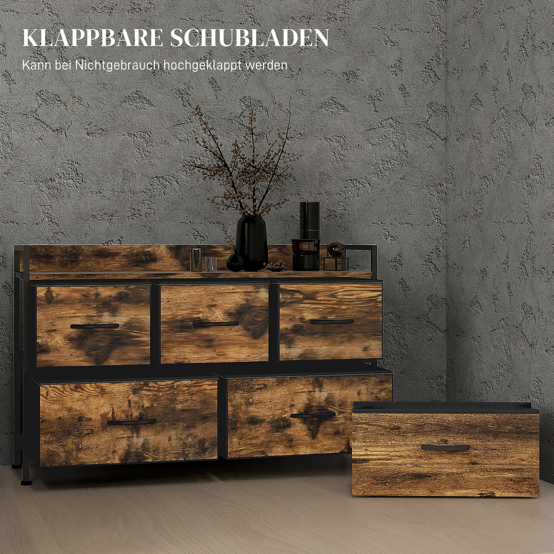 Kommode med sammenklappelige stofskuffer, melamintræ, stålstel, brun