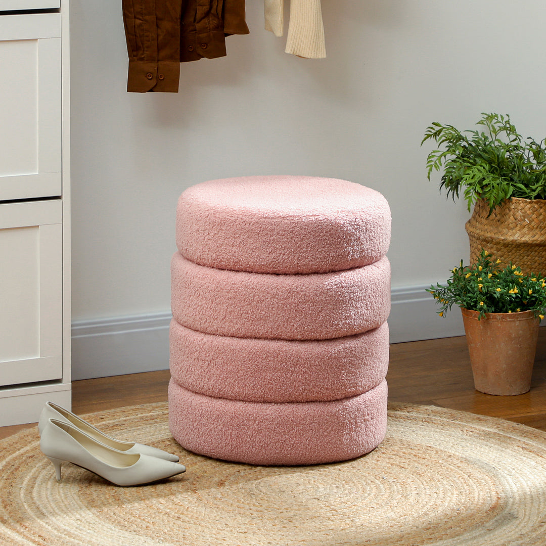 Skammel, rund, teddy fleece, op til 120 kg, ø40x45h cm, pink