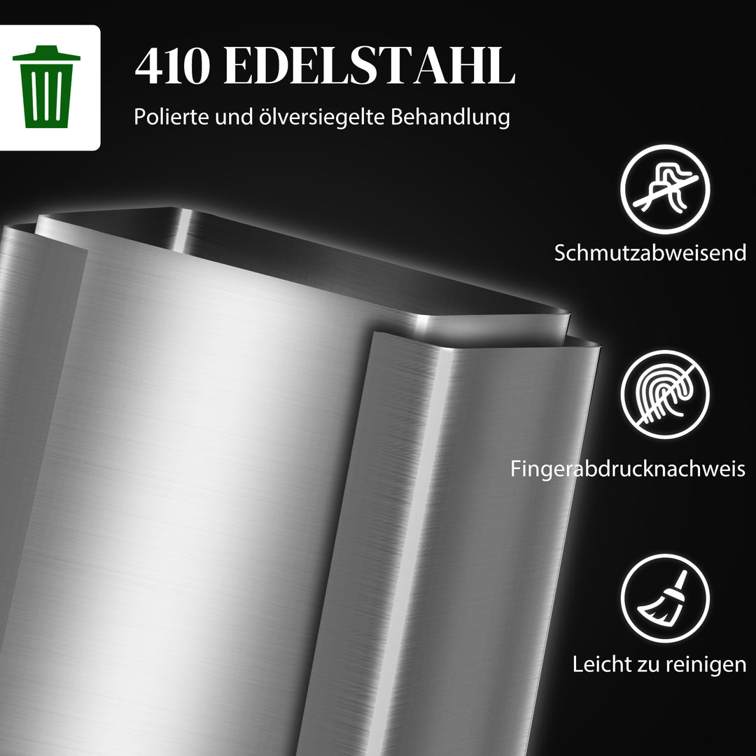 Skraldespand med 2 x 30L rum, soft-close låg, fingeraftrykssikker, rustfrit stål, sølv