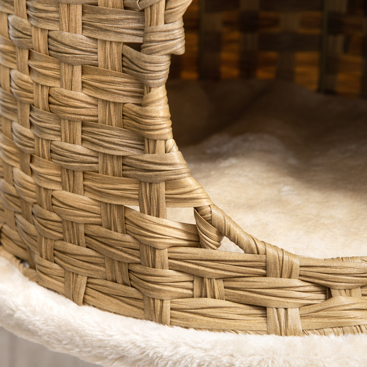 Kradsetræ rattan 95 cm højde 3-lags kradsetræ med platform, katteseng, klatretræ med kattehule sisalstolper legebolde kattemøbler sisal naturlig+beige