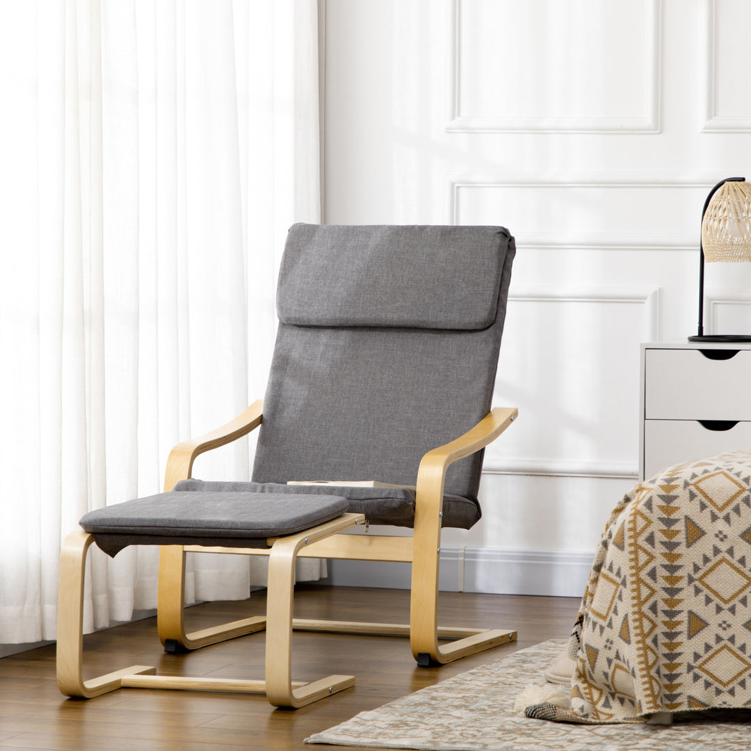 Lænestol med fodskammel, lænestolsæt, op til 120 kg, hørlook, massivt træ, grå + natur, 66,5 x 80 x 99 cm