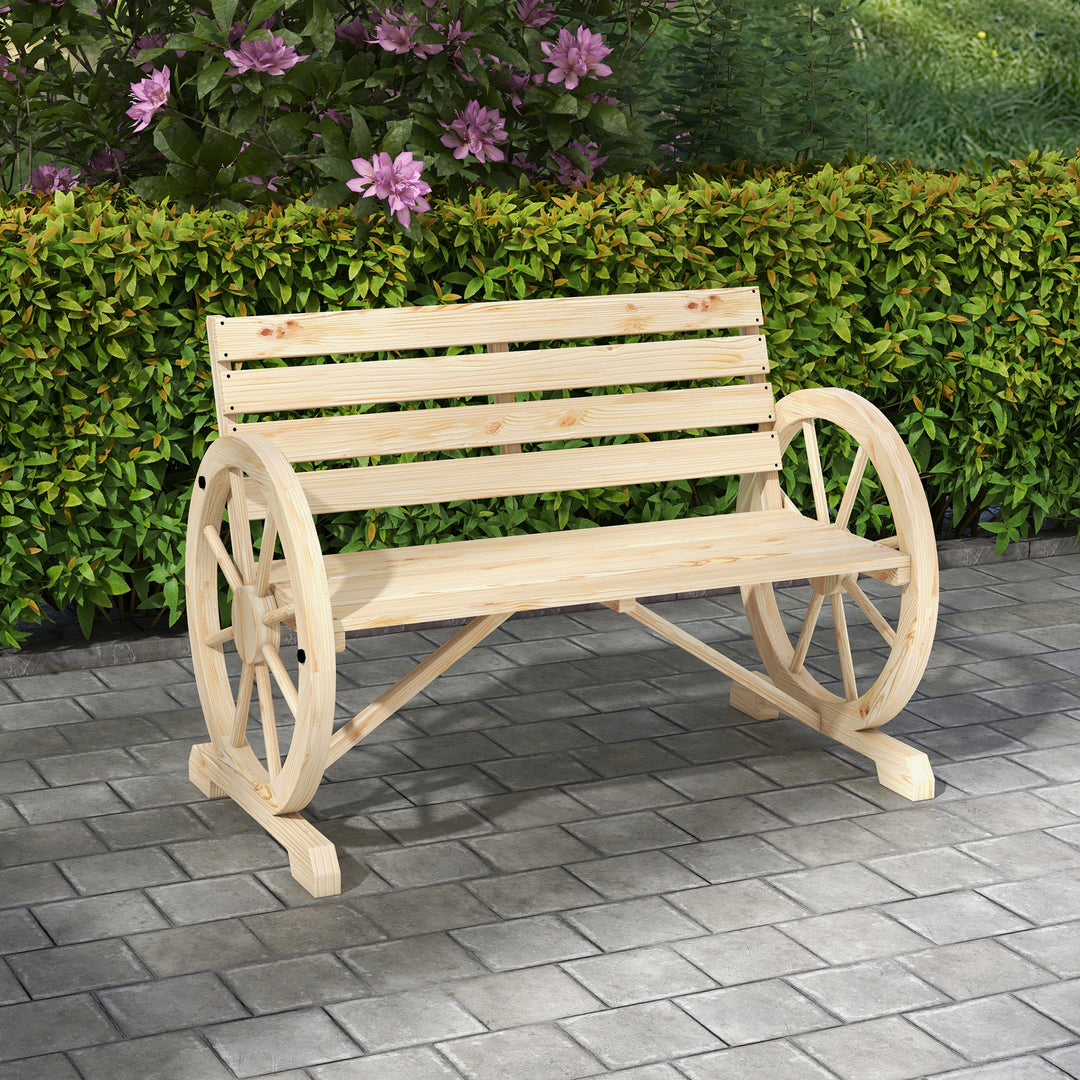 Havebænk, vognhjulsdesign, til 2 personer, naturtræ, mørkebrun, 105,5 x 56 x 79 cm, naturfarvet