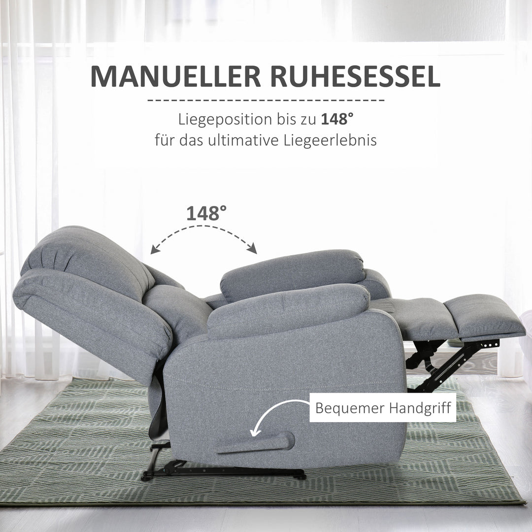 Manuel tv-lænestol med lænefunktion, linnedlook, tv-stol med sidehåndtag, fodstøtte, lasteevne op til 150 kg, til stue, lysegrå