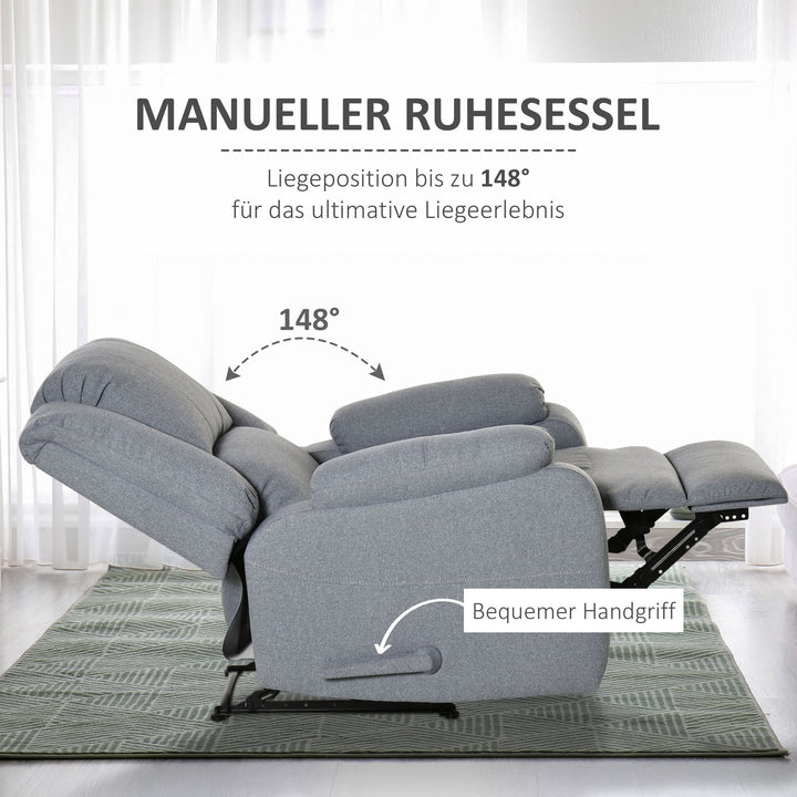 Manuel tv-lænestol med lænefunktion, linnedlook, tv-stol med sidehåndtag, fodstøtte, lasteevne op til 150 kg, til stue, lysegrå