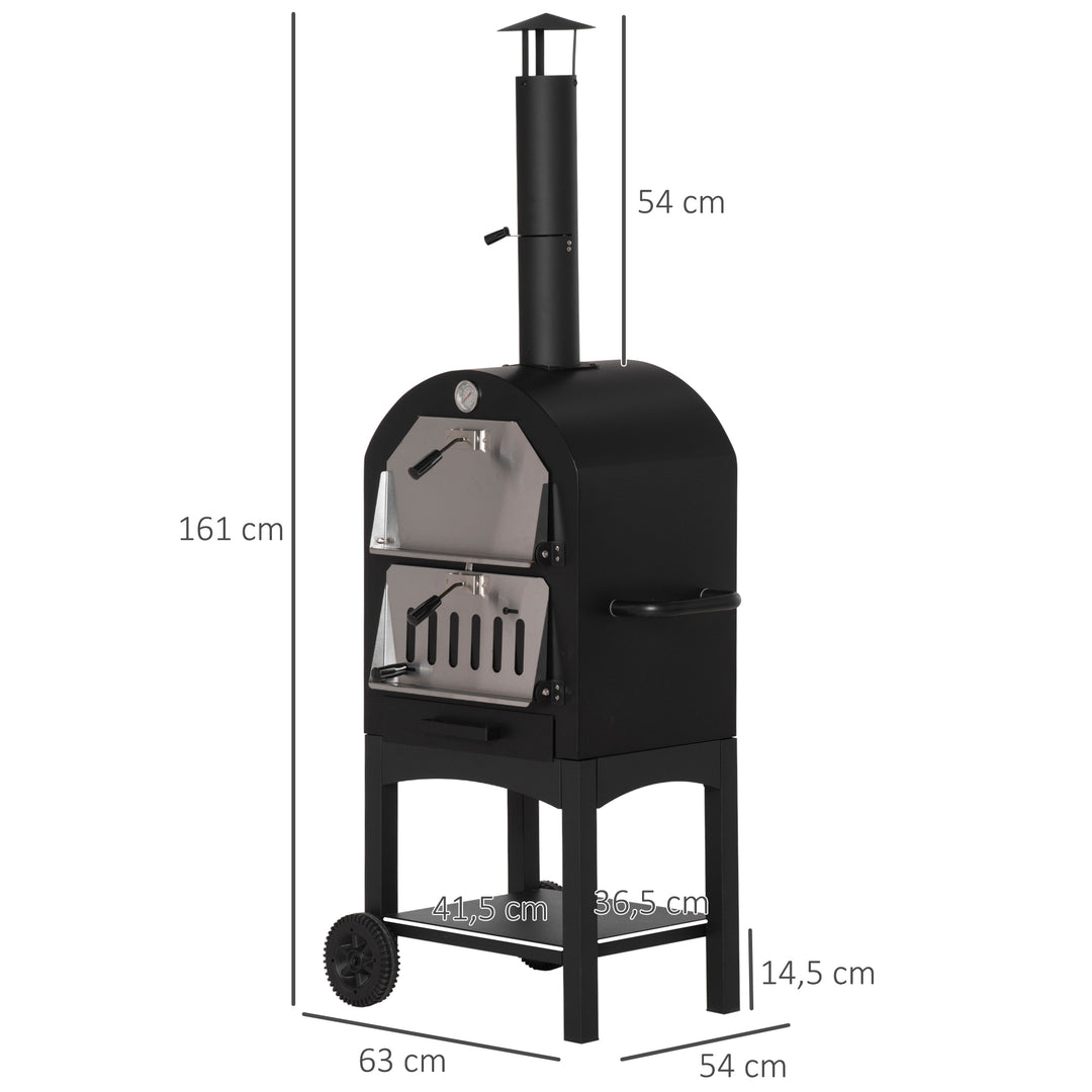2-I-1 udendørs pizzaovn med hjul, grillovn med beskyttelsesdæksel, pizzaspade, 2 grillnet, grillvogn med skorsten, 3-etagers brændefyret ovn til grill, stål, sort og sølv, 63 x 54 x 161 cm