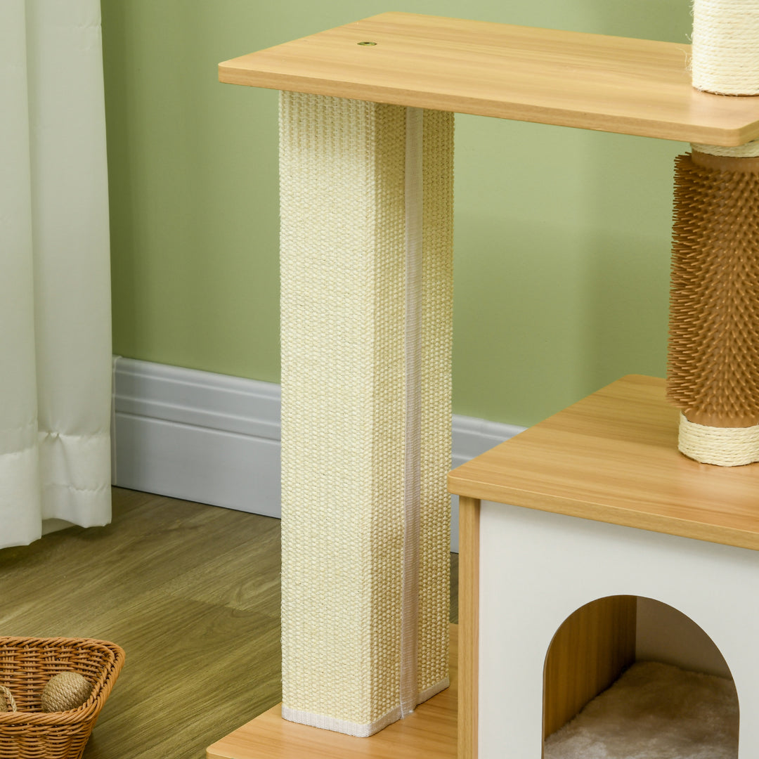 Kradsetræ med kattehule, 1 katteseng, 1 liggeflade, 59,5 cm x 39,5 cm x 114 cm, brun + hvid