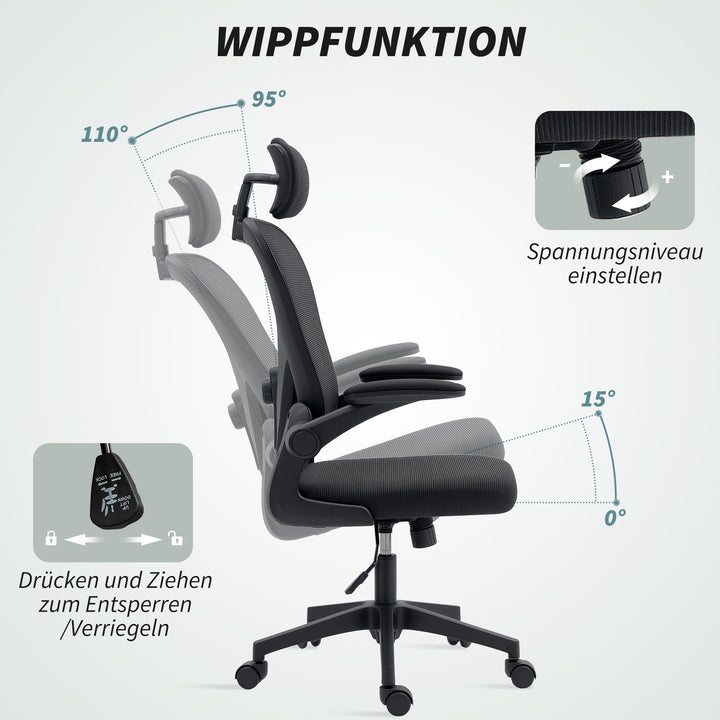 Ergonomisk kontorstol med opklappelige armlæn og justerbar lændestøtte, sort
