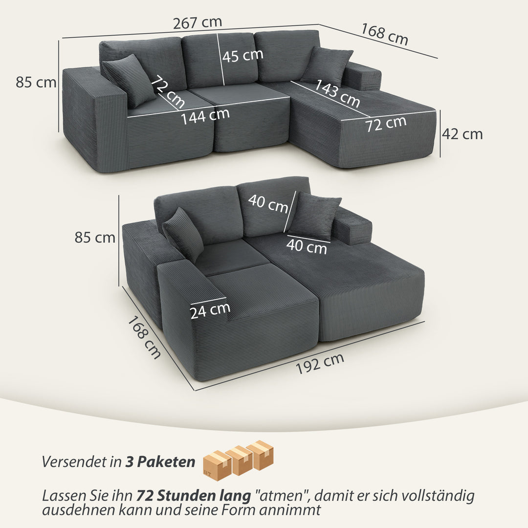 Modulær hjørnesofa, L-formet sovesofa med dybt sæde, brede armlæn, 2 hynder, mørkegrå