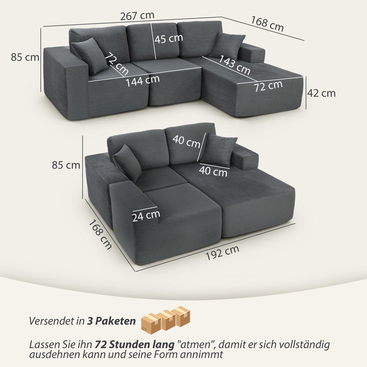 Modulær hjørnesofa, L-formet sovesofa med dybt sæde, brede armlæn, 2 hynder, mørkegrå