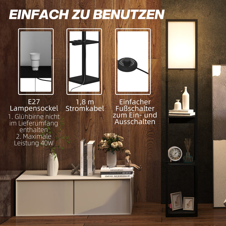 Gulvlampe med 3-lags hylde, fodkontakt, usb-porte, mdf, sort