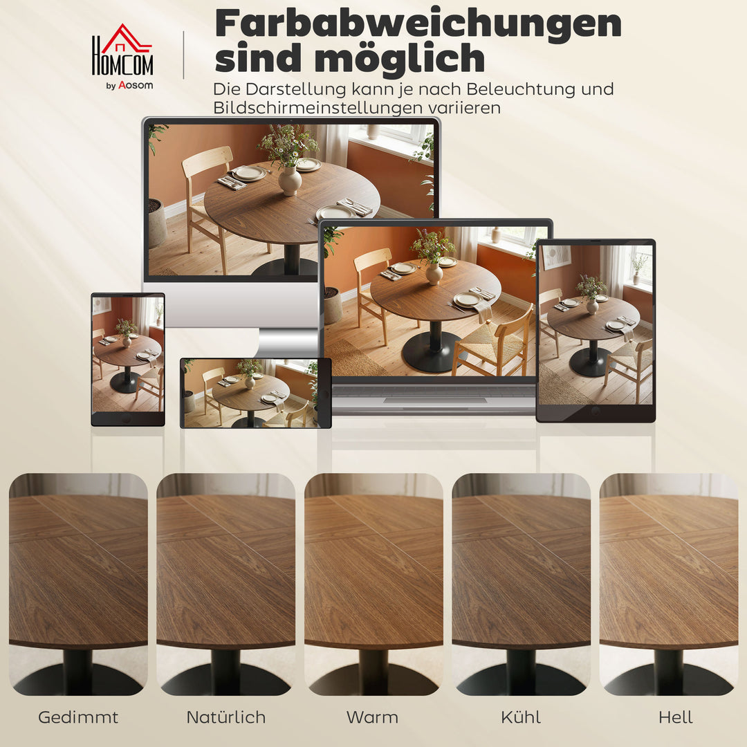 Rundt spisebord til 6 personer, 110 cm. Moderne køkkenbord med piedestal til stuen, brun træstruktur.