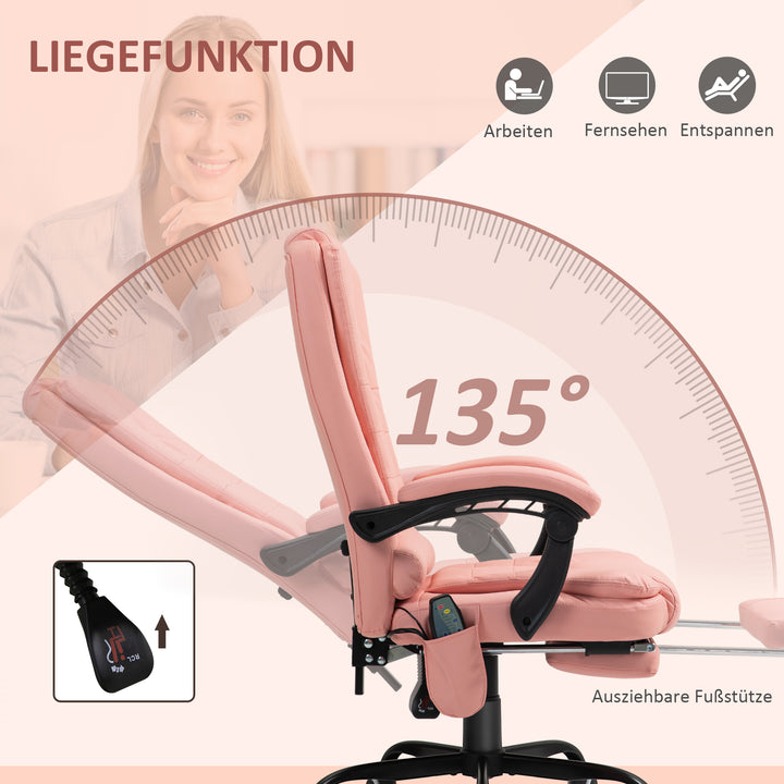 Massagekontorstol, 7 vibrationspunkter, justerbar fodstøtte og ryglæn, op til 120 kg, læderlook, pink