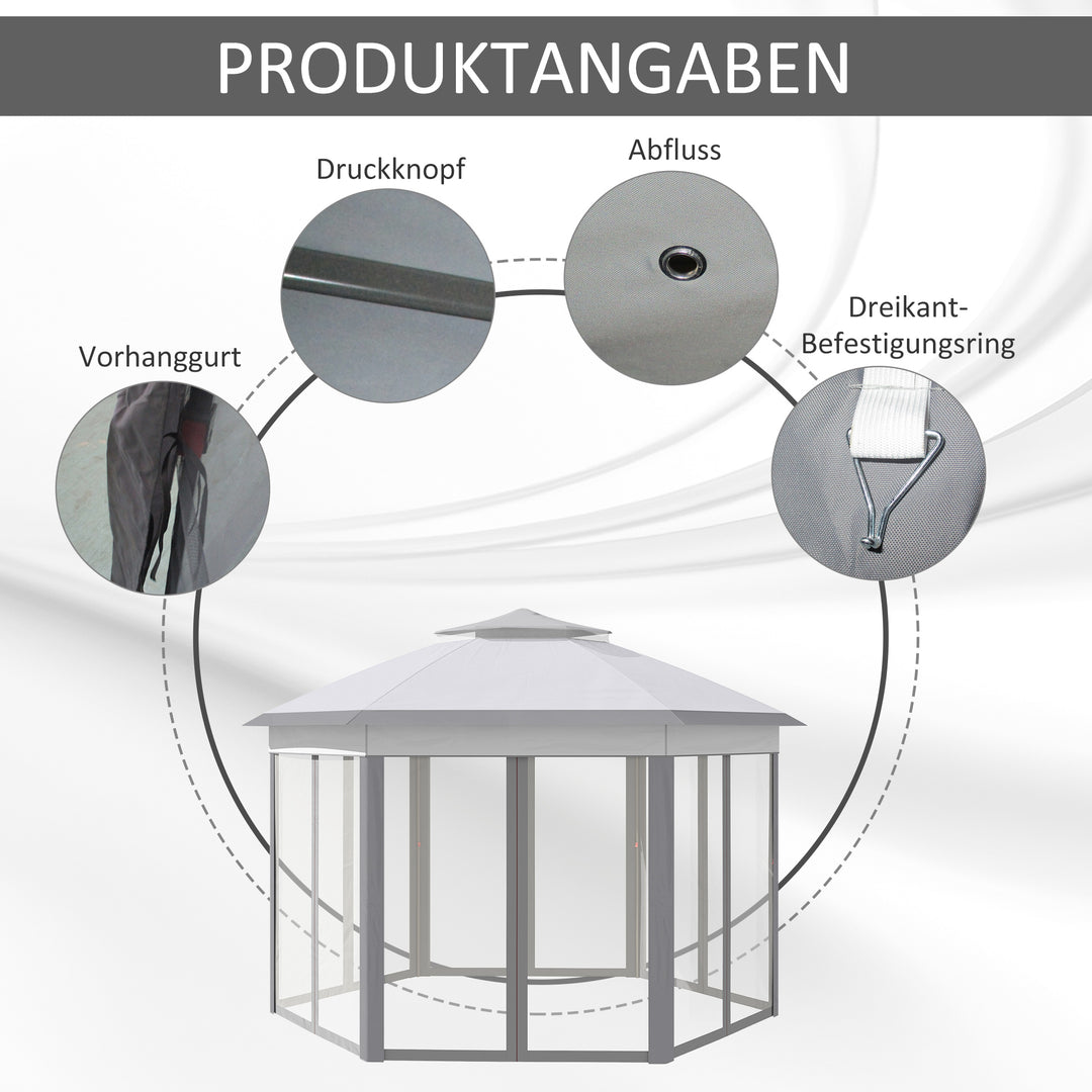 Foldbart pavillon 4 x 4m sekskantet design, netgardiner, vandafvisende, ventileret tag til grill, grå og hvid