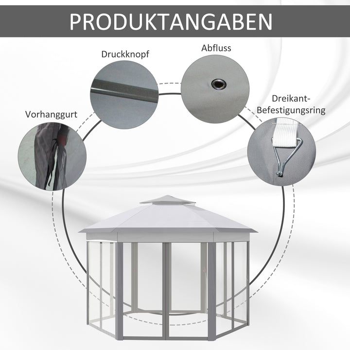 Foldbart pavillon 4 x 4m sekskantet design, netgardiner, vandafvisende, ventileret tag til grill, grå og hvid