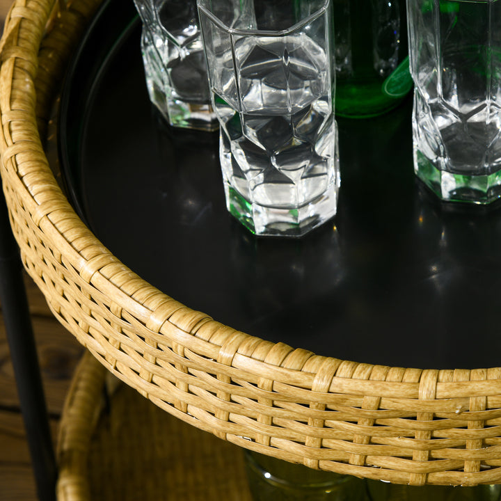 Udendørs serveringsvogn, 2 etager, bremser, polyrattan, metalramme, ø50 x 66h cm, gul