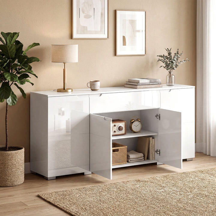 Højglans skænk, moderne kommode med 4 døre og justerbare hylder, soft-close funktion, hvid