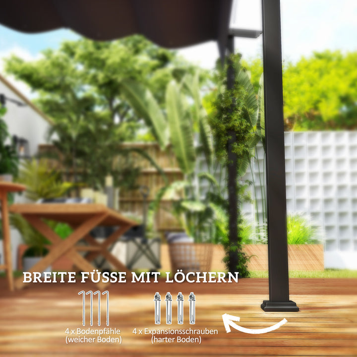 Pavillon, 3 x 3 m pergola, vindtæt terrassetag, vægmonteret, justerbart tag, til have, terrasse, mørkegrå