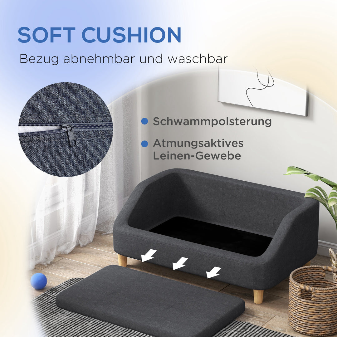 Hundesofa, kæledyrssofa, kattesofa, hundeseng til mellemstore og store hunde, hundesofa med forhøjet design, hundestol med træben, mørkegrå, 95 x 63 x 39 cm