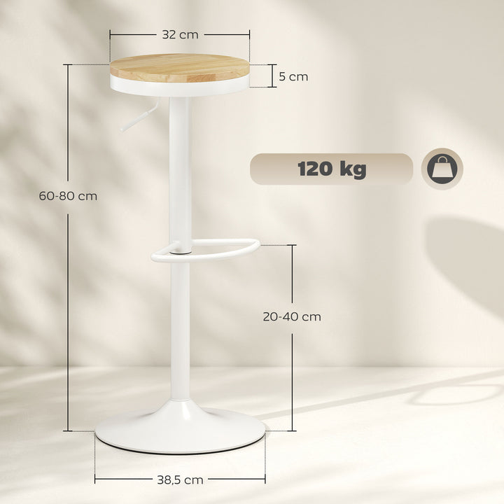Barstolsæt med 2, højdejusterbar, 360° drejelig, med stålstel og fodstøtte, 38,5x38,5x60-80 cm, naturtræ + hvid