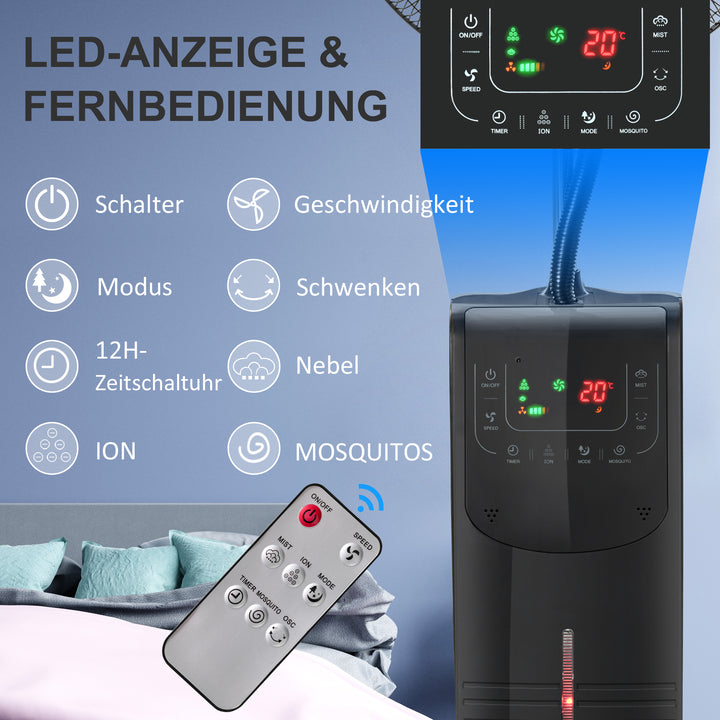 Vandkølet piedestalventilator med dugfunktion, fjernbetjening, oscillerende, timer, 3,1 L vandtank, 3 tilstande, 90 W vandventilator med hjul, 135 cm