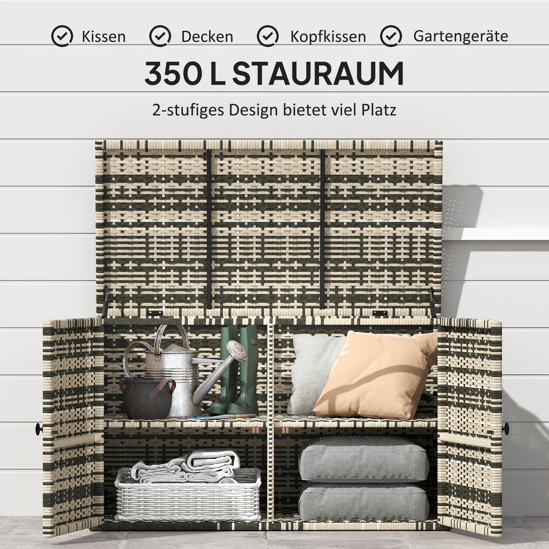 Rattan opbevaringskasse 350l 2-niveau hyndekasse med låg løftestænger bærehåndtag 118 x 57 x 69 cm blandet grå