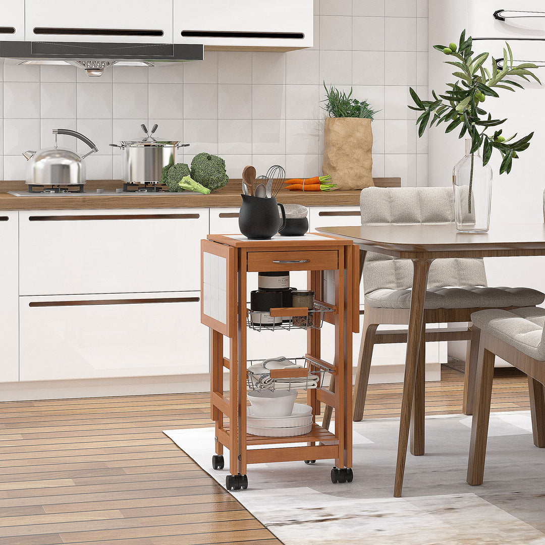Serveringsvogn, køkkenvogn, to foldbare sideelementer, keramisk top, fyrretræ, 91 x 37 x 75 cm