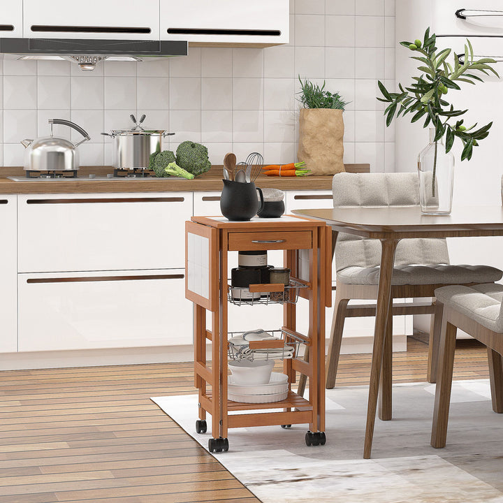 Serveringsvogn, køkkenvogn, to foldbare sideelementer, keramisk top, fyrretræ, 91 x 37 x 75 cm