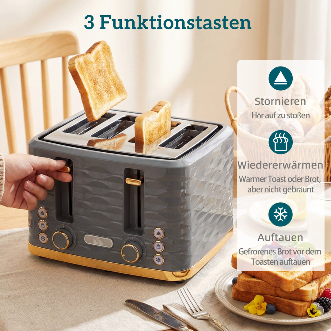 Brødrister til 4 skiver med 7 bruningsniveauer, high-lift, genopvarmnings-/optønings-/annulleringsfunktion, gråt bølgedesign