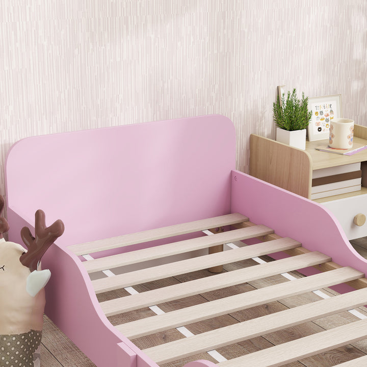 Børnesengramme, enkeltsengramme til børn, sikkerhedsskærm, lille seng til børneværelse, mdf, uden madras, pink